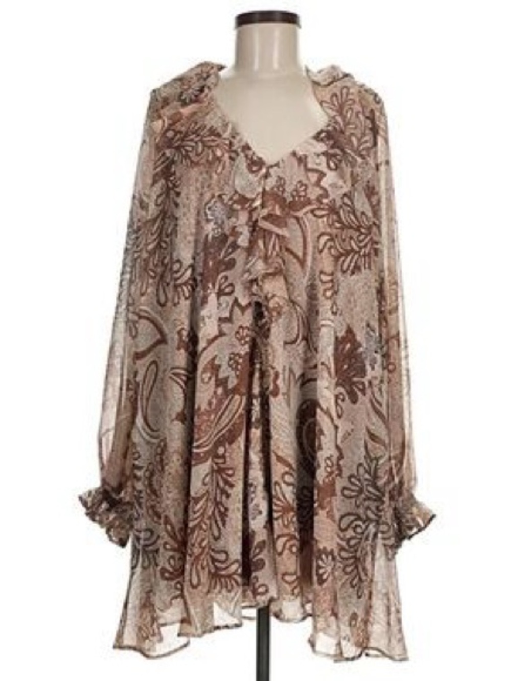 House of Harlow 1960 Light Chiffon Paisley Mini Dress in Brown and Cream Sz M